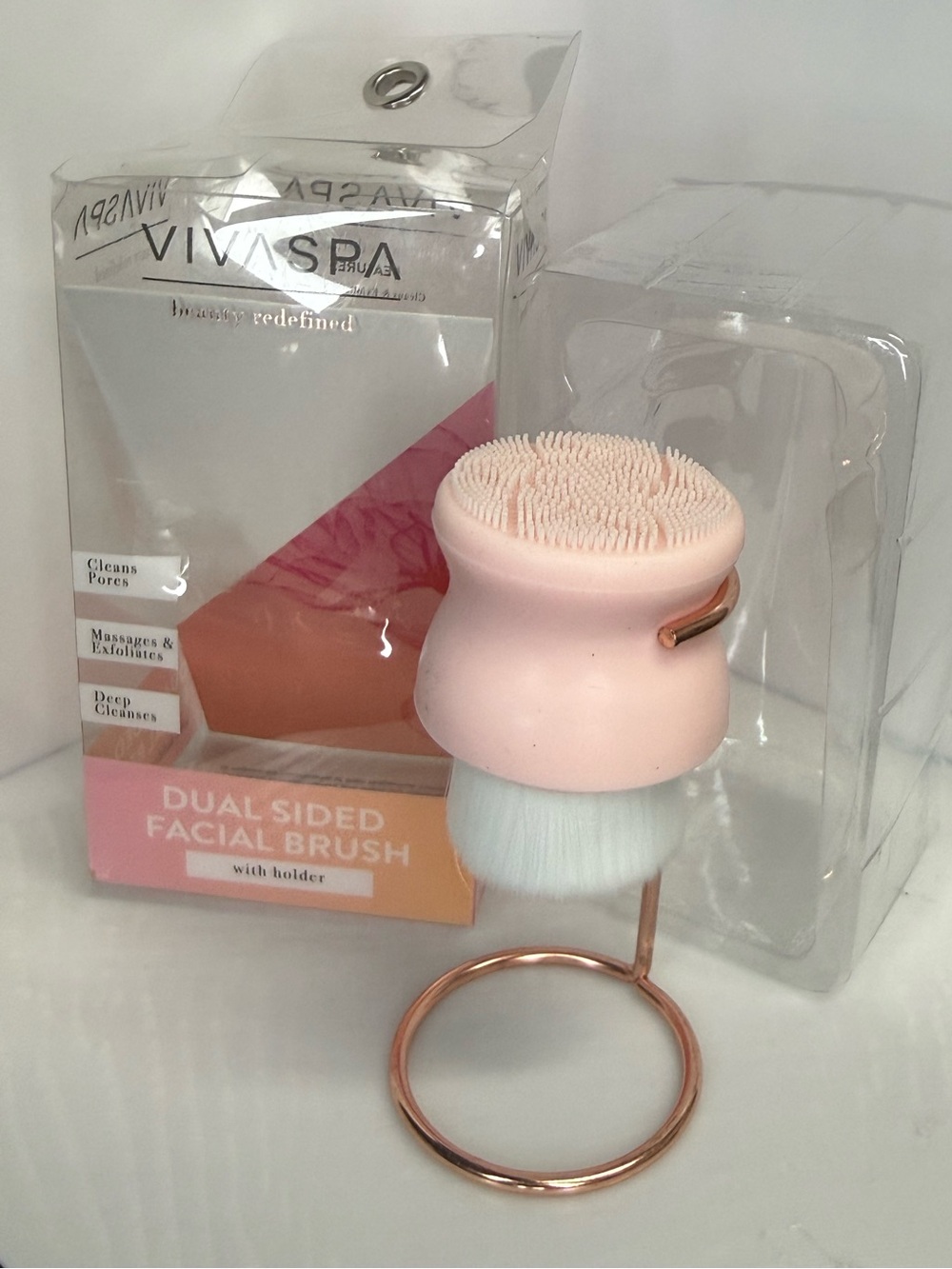 Viva Dual-Sided Facial Brush in Light Pink with stand